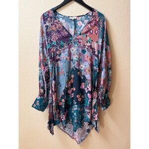 Mahila Anthropology Patchwork Floral V-Neck Handkerchief Dress Purple Medium